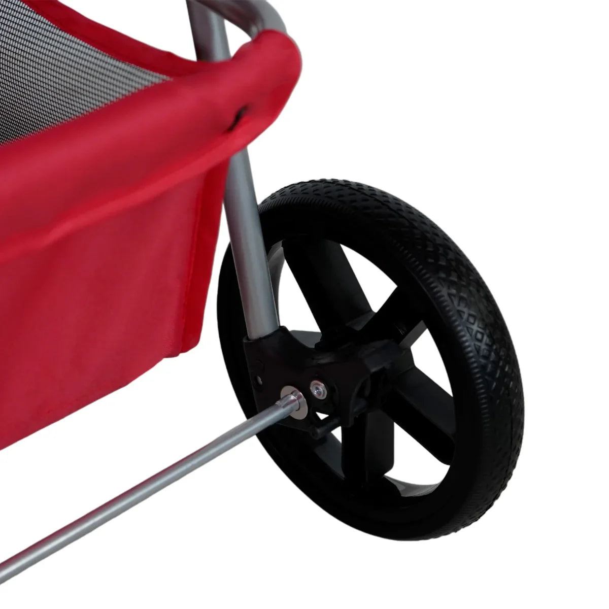 Red pet stroller featuring a sturdy frame, mesh sides for ventilation, and durable black wheels for smooth mobility