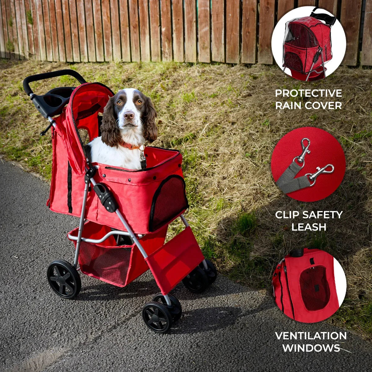 Red pet stroller with protective rain cover, featuring ventilation windows, clip safety leash, and sturdy wheels for easy maneuvering