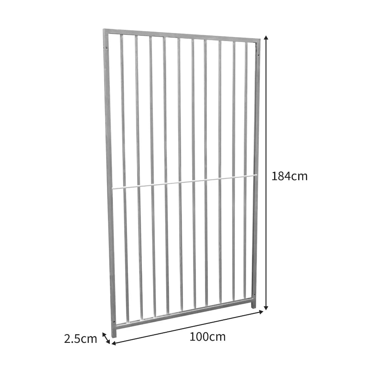 1m dog run panel with 8cm bar spacing, silver metal finish, vertical bars, dimensions 184cm height and 100cm width