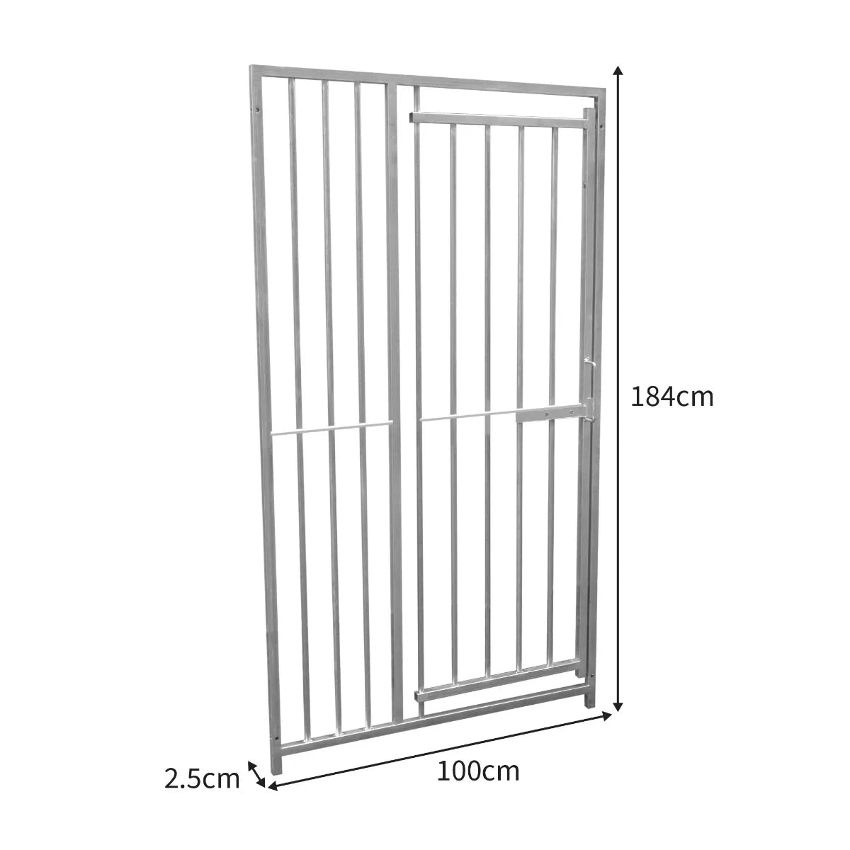 1m dog run panel with door, silver metal, 8cm bar spacing, tall and sturdy design, dimensions 184cm x 100cm x 2.5cm