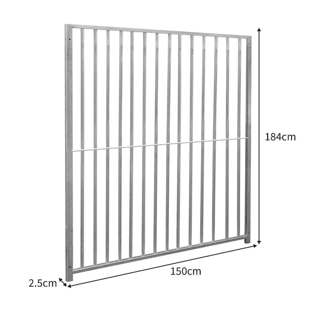 1.5m dog run panel with 8cm bar spacing, featuring a sturdy silver metal frame and dimensions of 150cm x 184cm