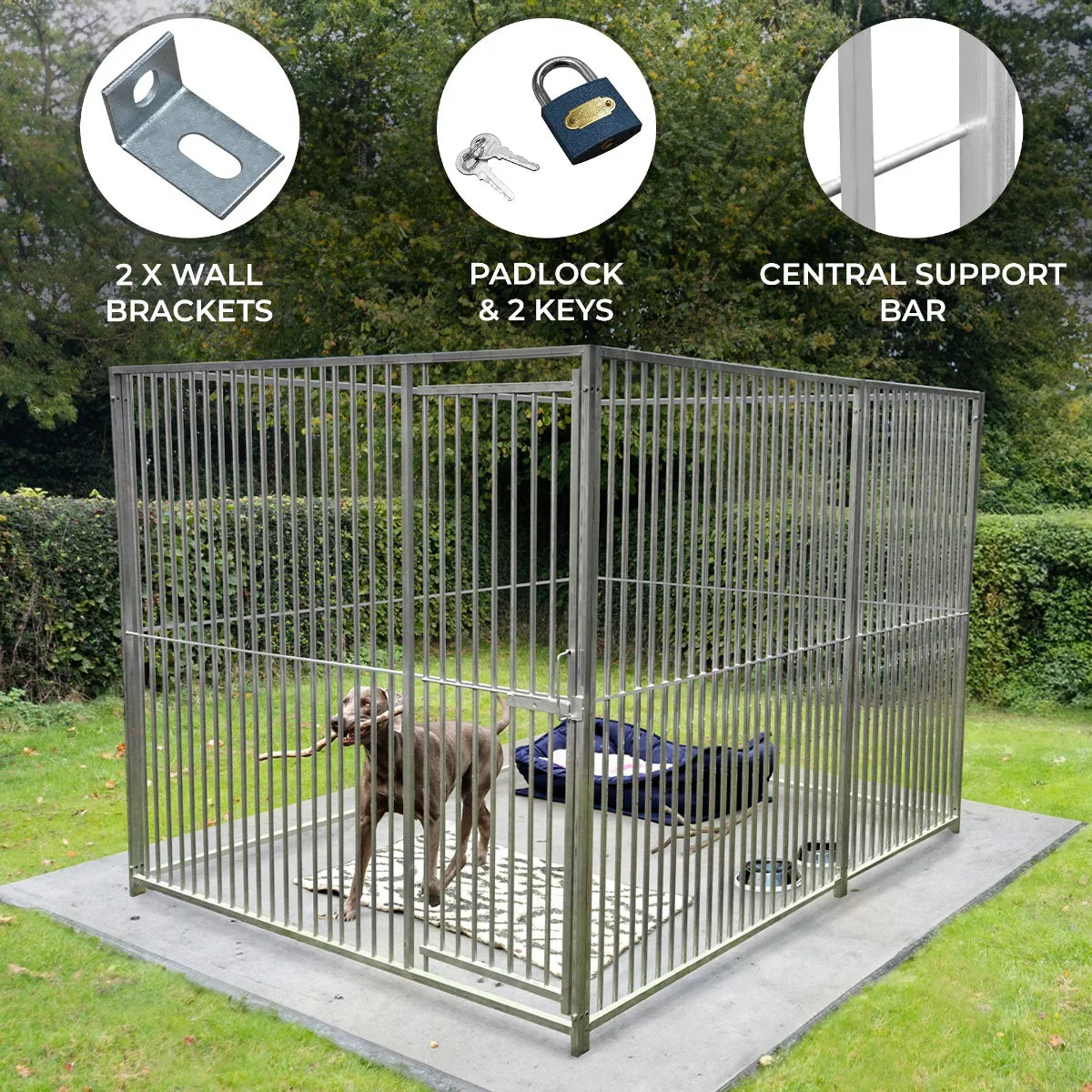 1.5m dog run panel with door, silver metal bars, 8cm spacing, includes wall brackets, padlock, and central support bar