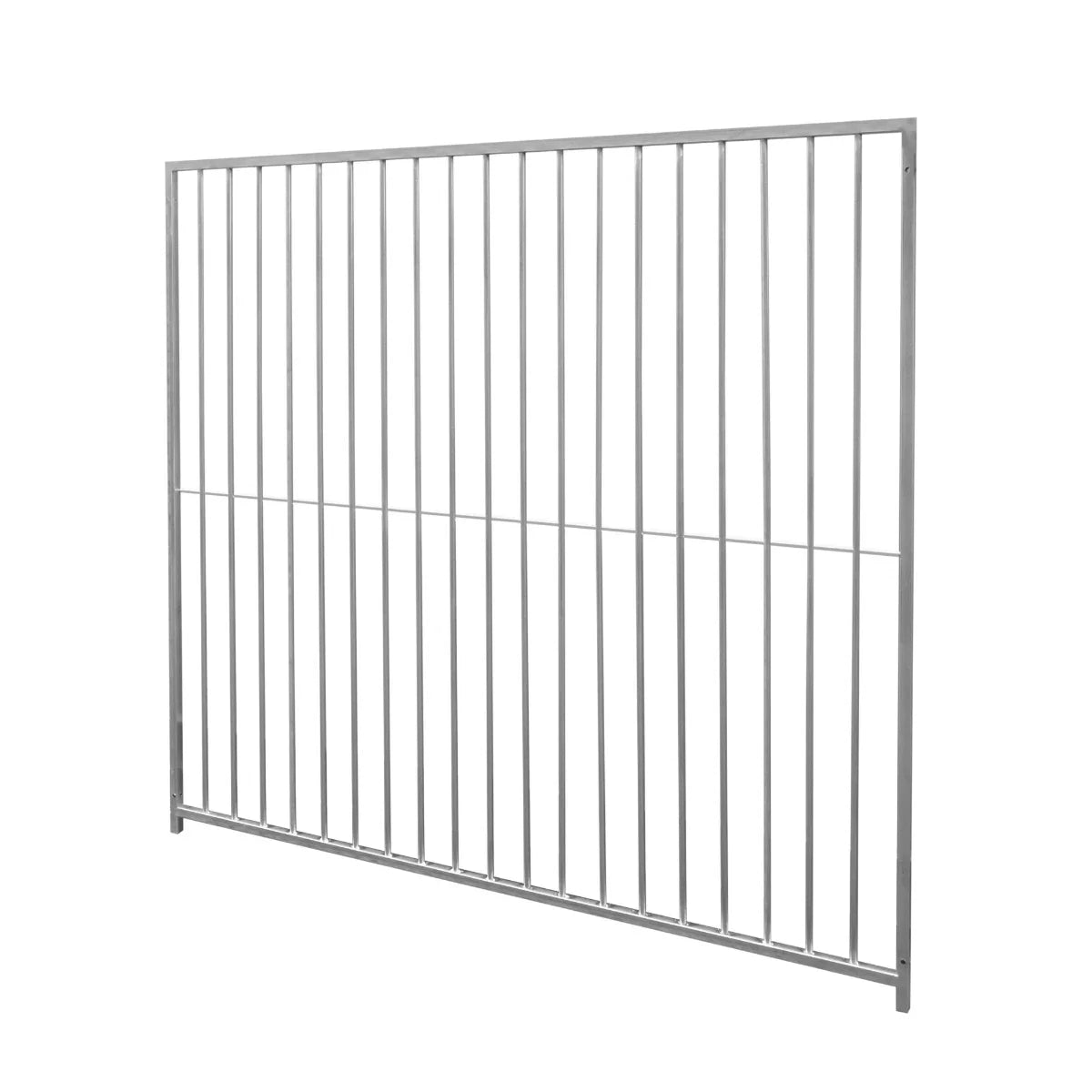 Durable 2m dog run panel with 8cm bar spacing, featuring a sleek silver metal finish and sturdy vertical bars for safety