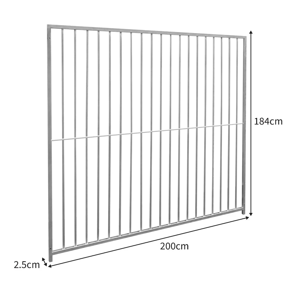 Durable 2m dog run panel with 8cm bar spacing, featuring a sleek silver finish and sturdy rectangular frame for secure containment