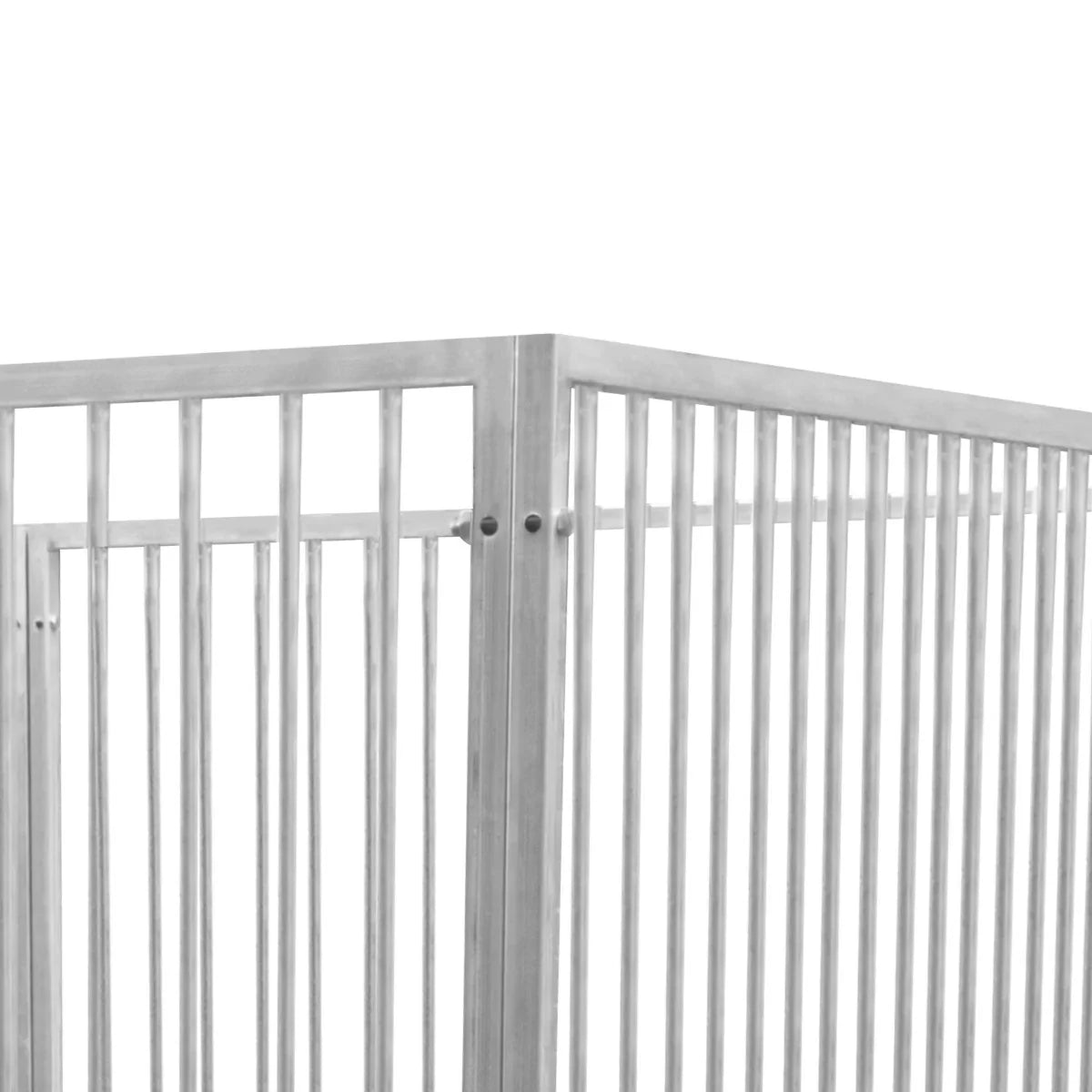 Durable 2m dog run panel with 8cm bar spacing, featuring a sleek silver finish and sturdy metal construction for safety and stability