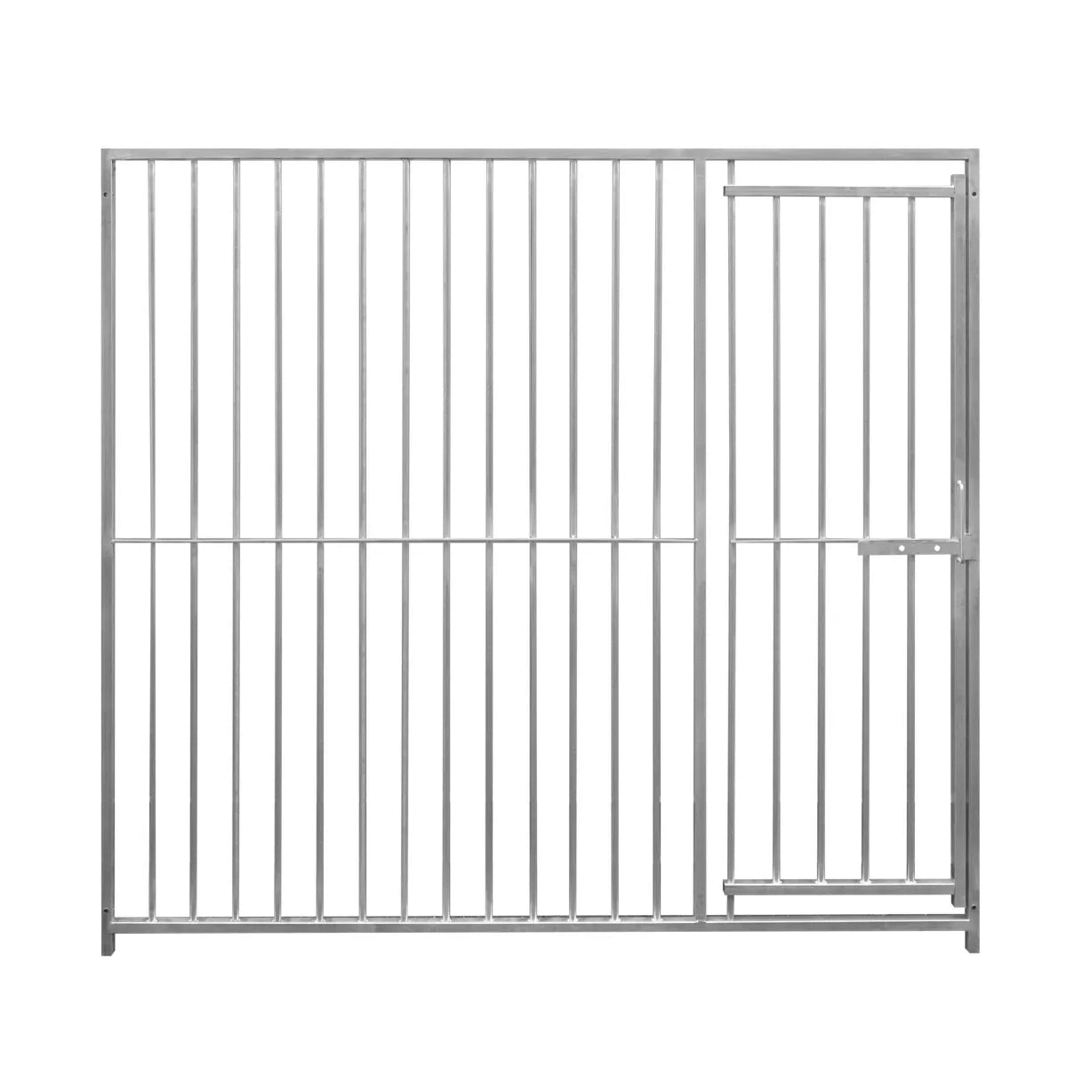 Durable 2m dog run panel with 8cm bar spacing, featuring a secure door, made of sturdy metal with a sleek silver finish