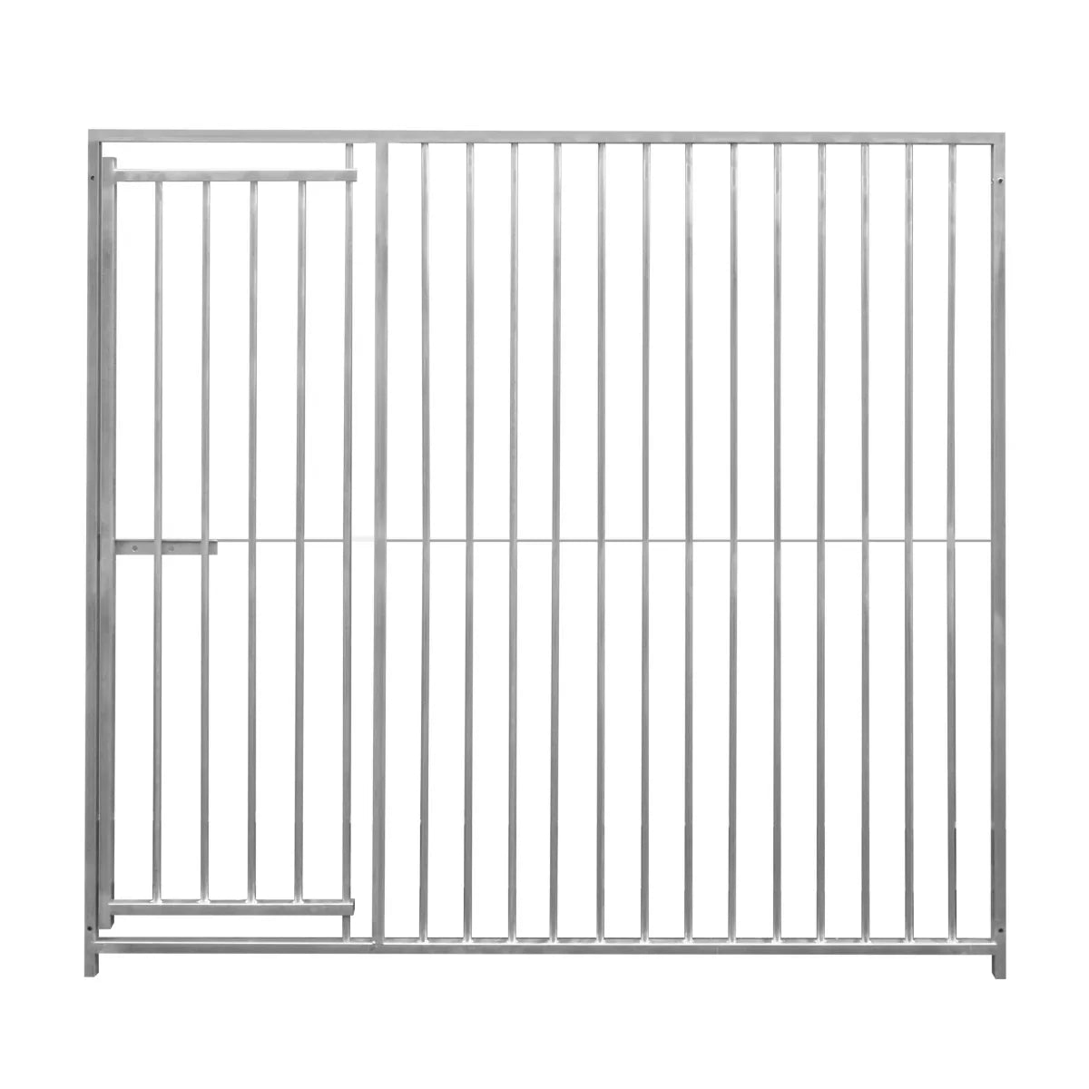 2m dog run panel with door, featuring durable metal construction, sleek silver finish, and 8cm bar spacing for safety and visibility