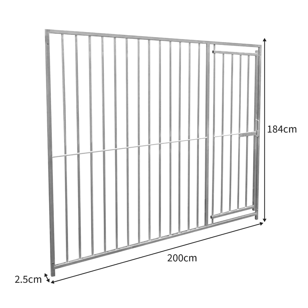 2m dog run panel with door, featuring durable metal construction, sleek silver finish, and 8cm bar spacing for safety and visibility