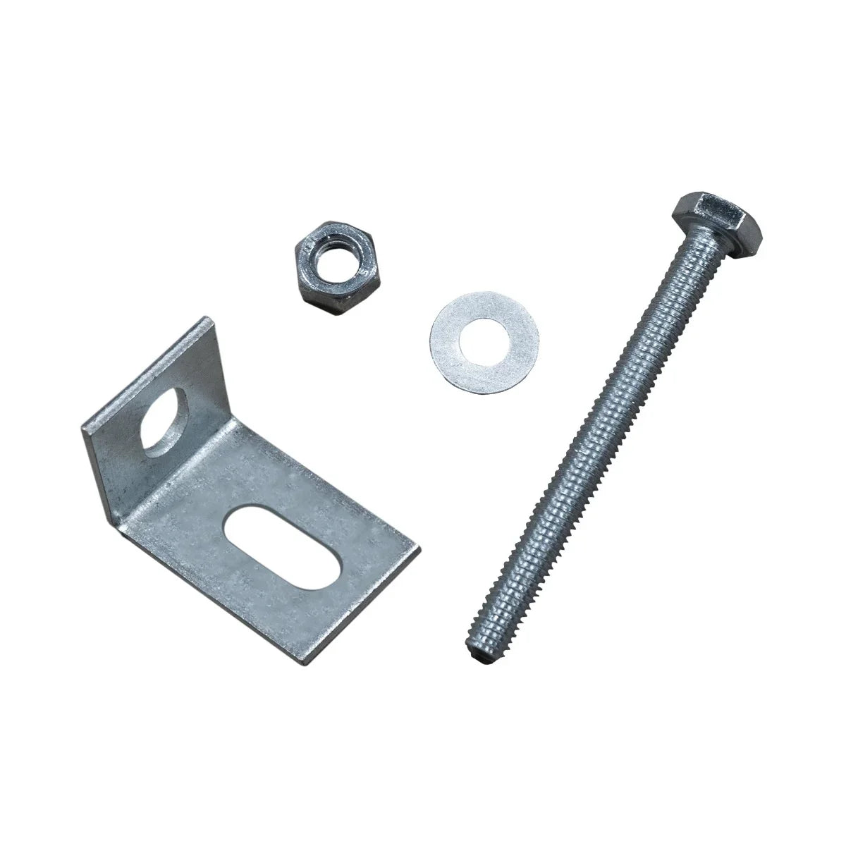 Galvanized metal hardware set including a bracket, bolt, nut, and washer for securing 1m dog run panels with 5cm bar spacing