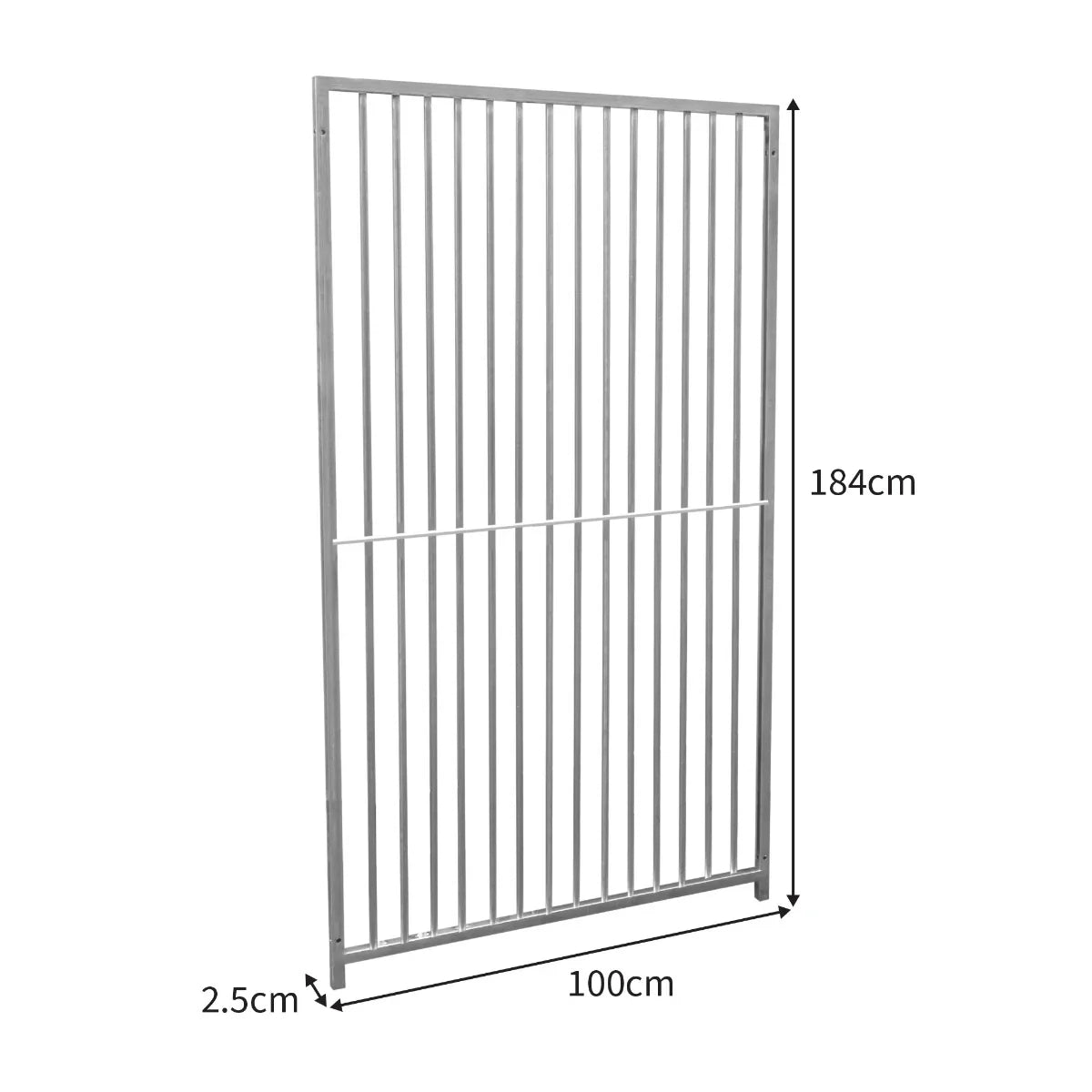 1m dog run panel with 5cm bar spacing, silver metal, vertical bars, dimensions 184cm height by 100cm width, sturdy design