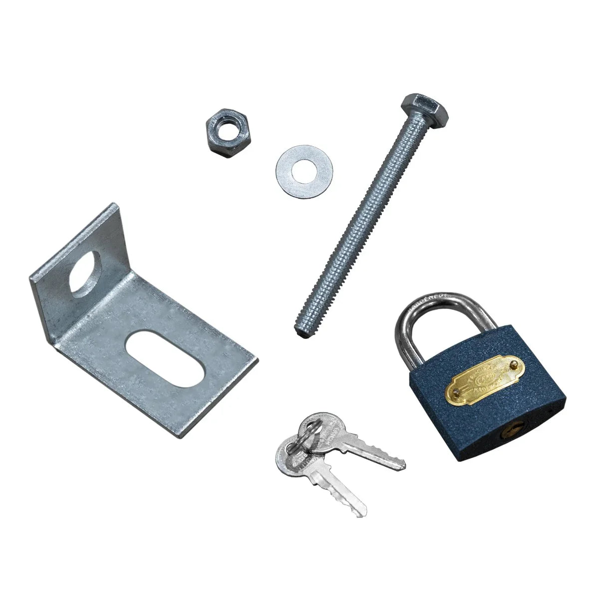 Galvanized metal lock set with a padlock, keys, bolt, nut, and bracket for securing the 2m dog run panel with door
