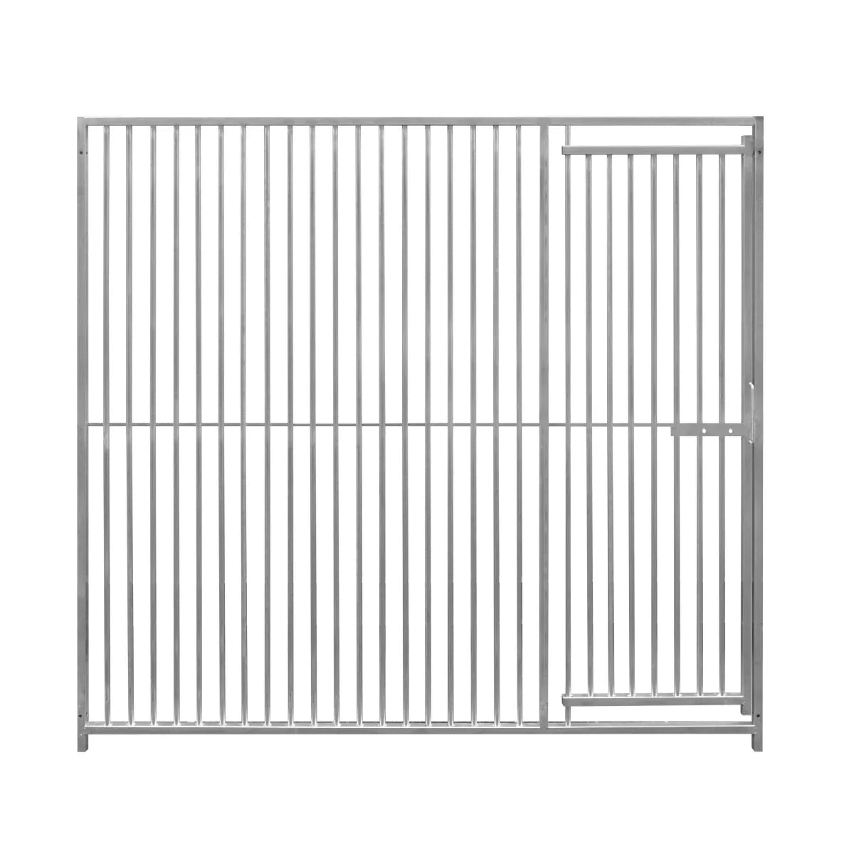 Durable 2m dog run panel in silver metal with 5cm bar spacing and a secure door for easy access and pet safety
