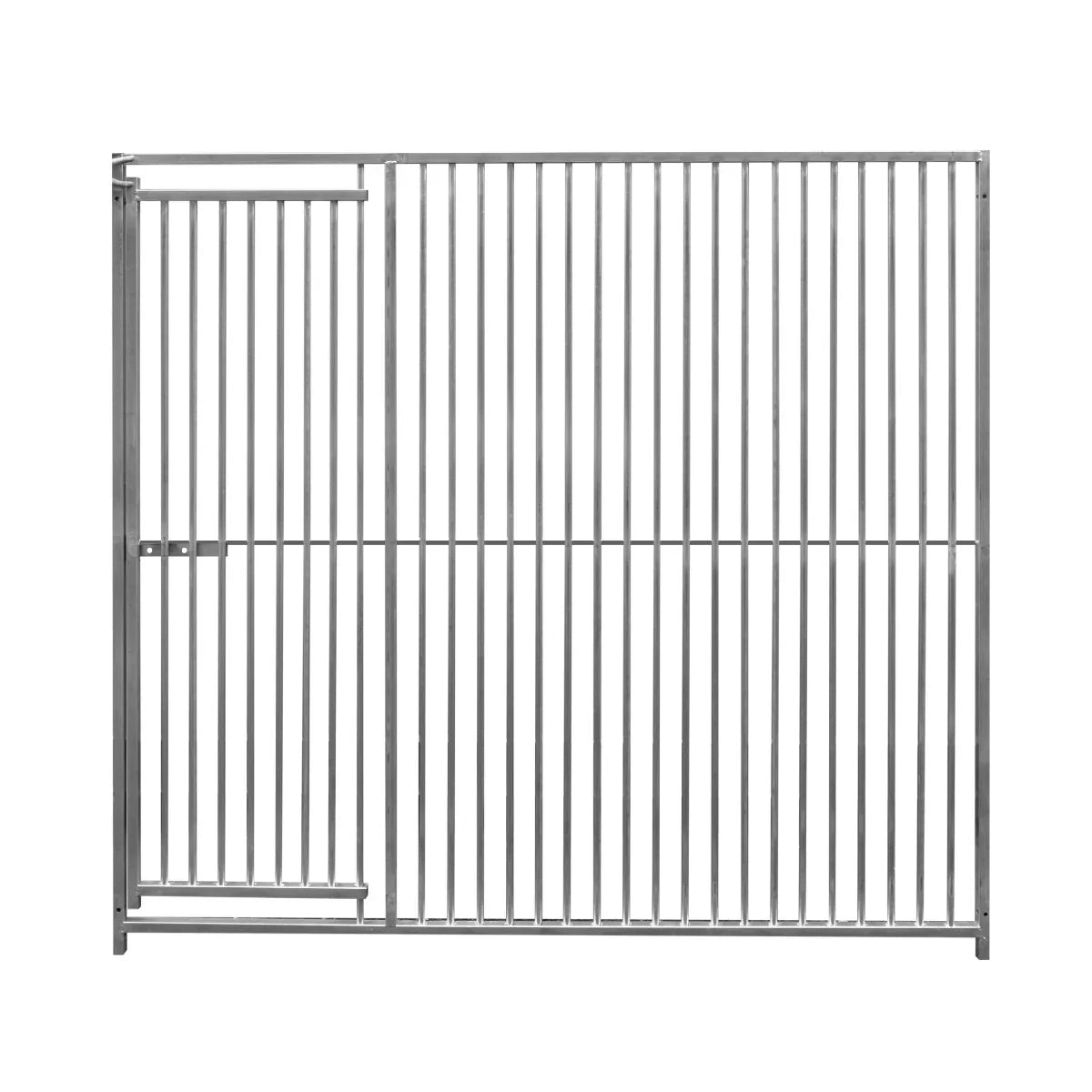 2m dog run panel with door, featuring durable silver metal bars, 5cm spacing, and a secure latch for easy access and safety