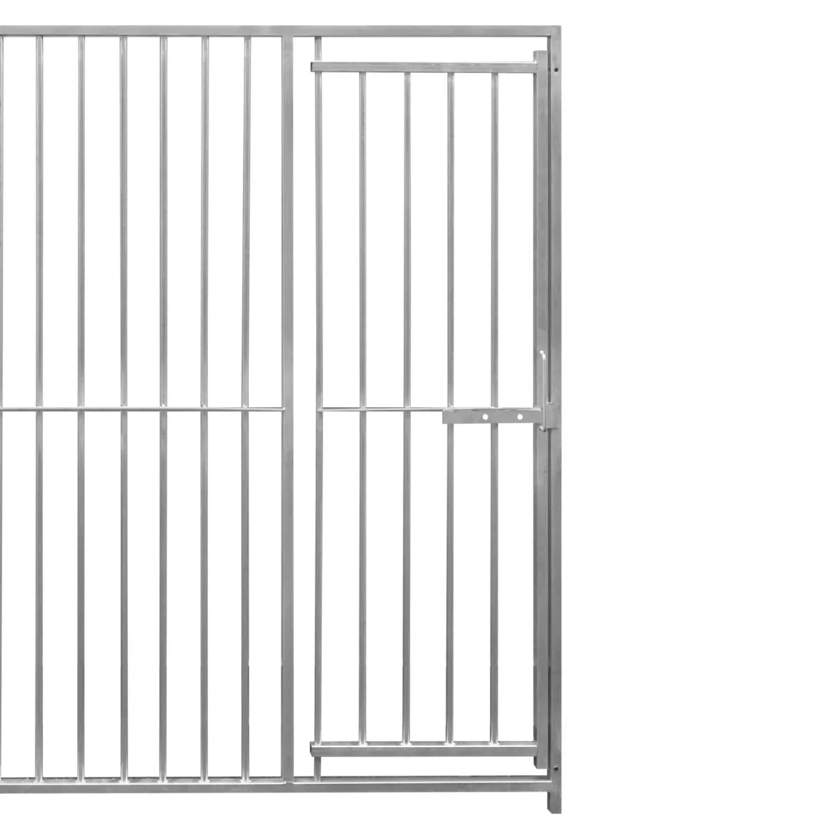 Durable 2m dog run panel with a secure door, featuring 5cm bar spacing, made of sturdy metal with a sleek silver finish