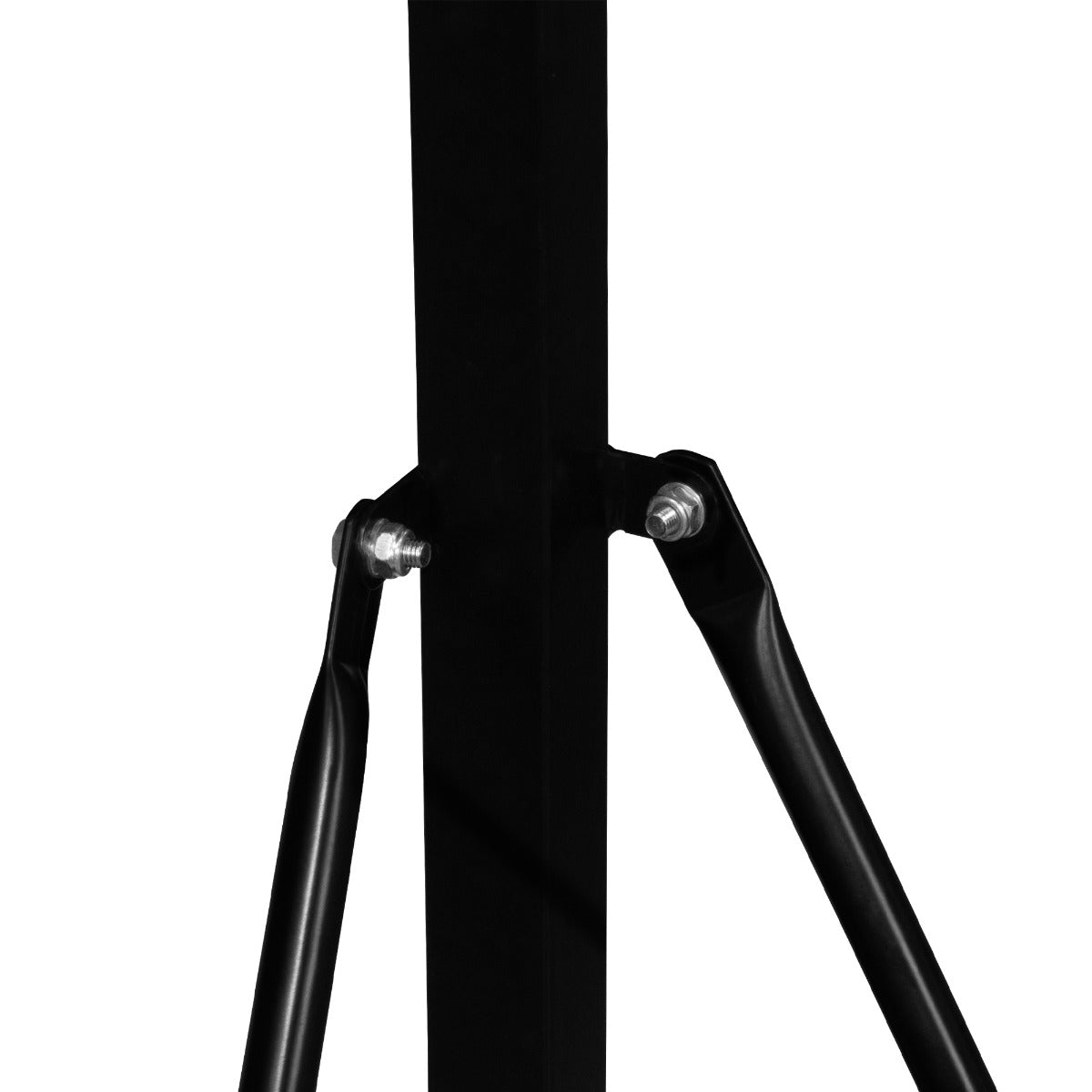 Black metal folding punch bag stand featuring sturdy joints and a sleek design for enhanced stability and portability