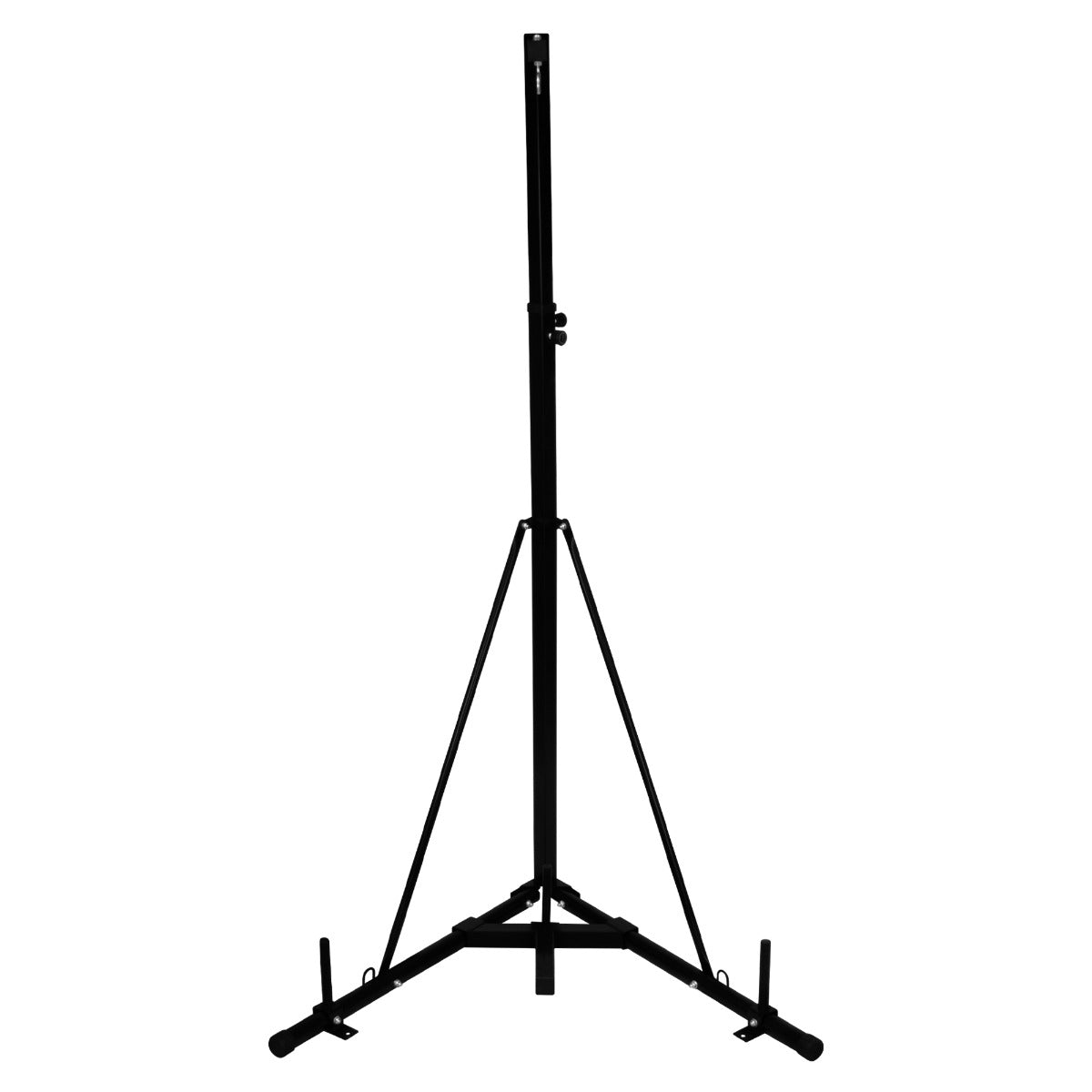 Sturdy black folding punch bag stand with a triangular base, adjustable height, and secure locking mechanism for stability