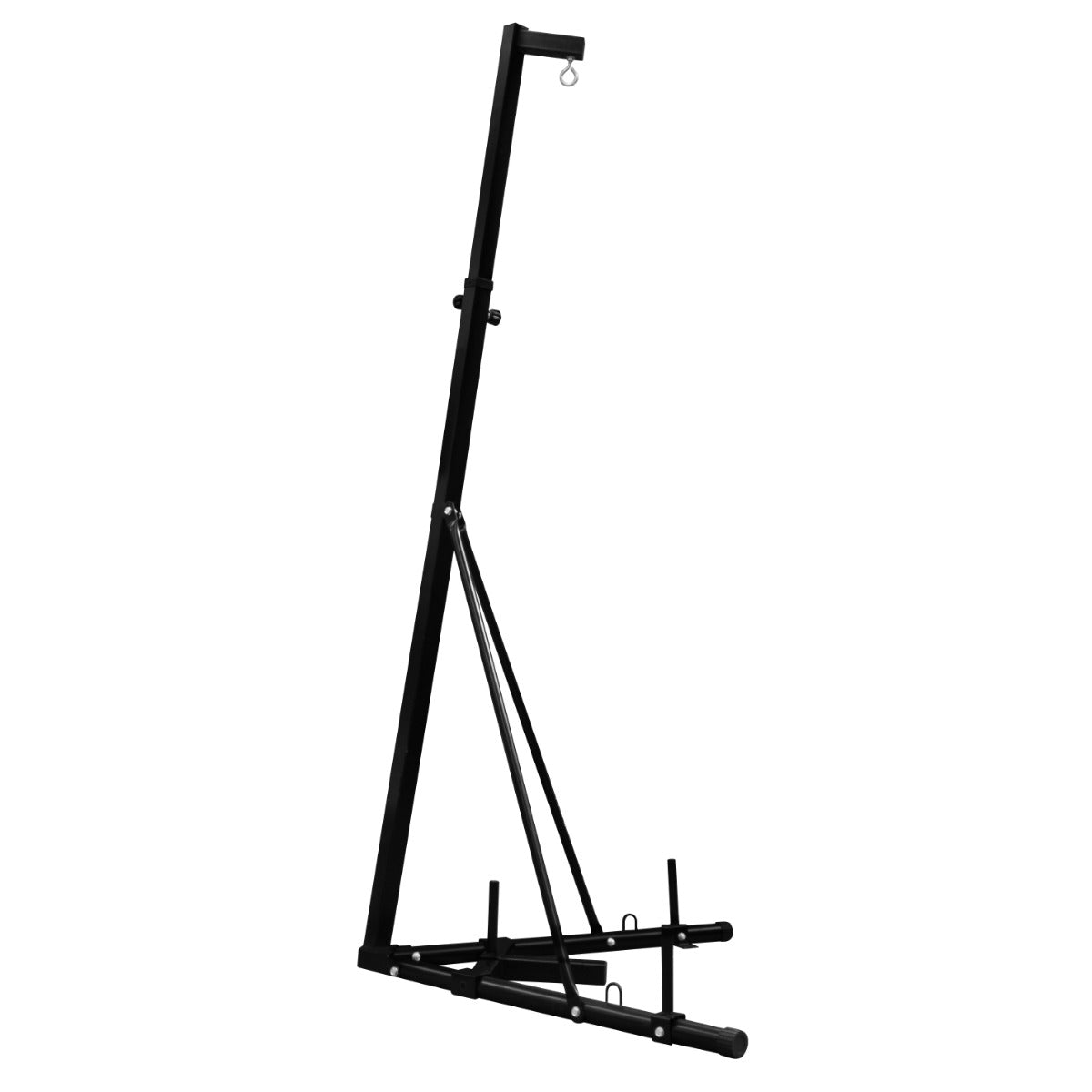 Black folding punch bag stand with a sturdy triangular base, adjustable height, and a hook for hanging the bag securely