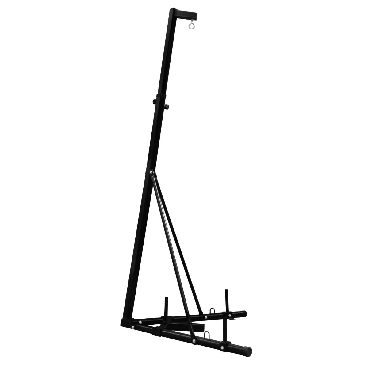 Black folding punch bag stand with a sturdy triangular base, adjustable height, and a hook for hanging the bag securely