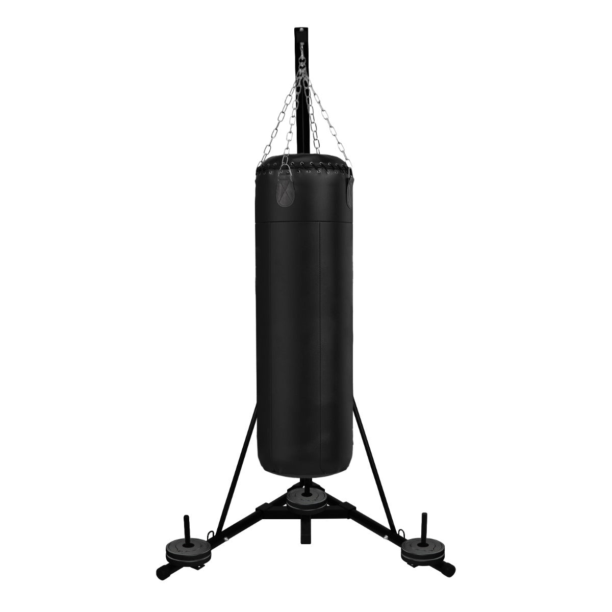 Folding punch bag stand with a sturdy black bag, chain attachment, and weighted base for stability during workouts