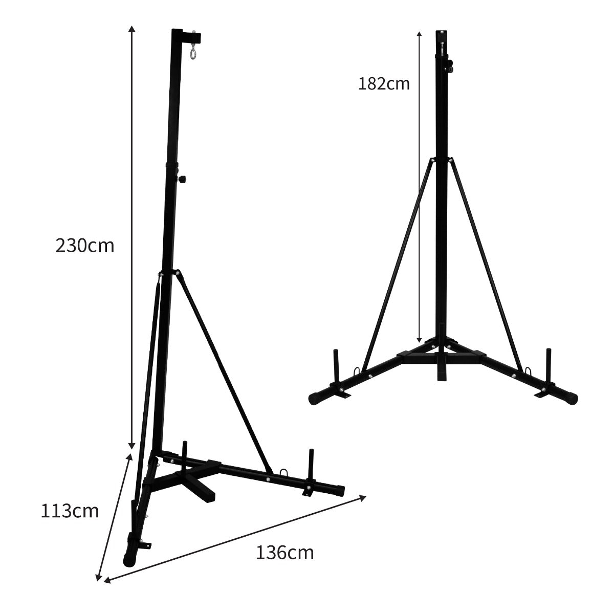Folding punch bag stand in black metal, featuring adjustable height, sturdy tripod base, and compact design for easy storage