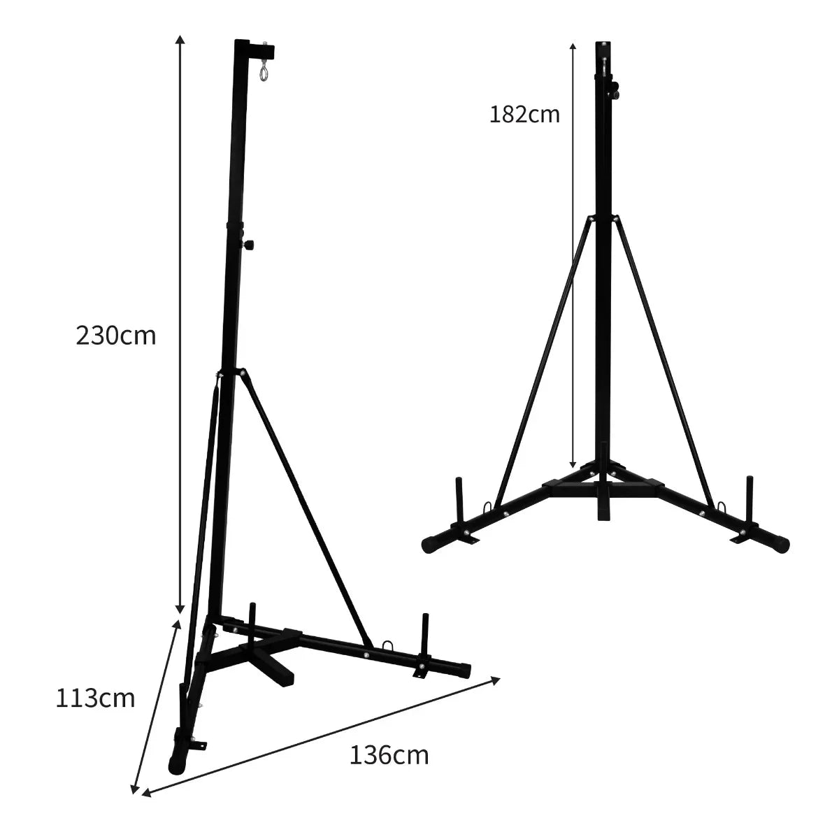 Folding punch bag stand in black metal, featuring adjustable height, sturdy tripod base, and compact design for easy storage