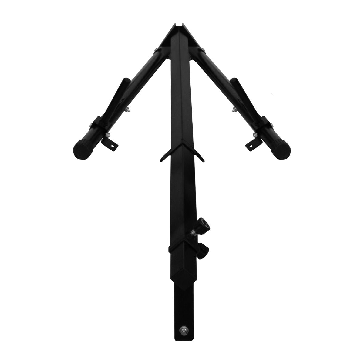 Sturdy black folding punch bag stand with a triangular shape, featuring adjustable legs and rubber grips for stability