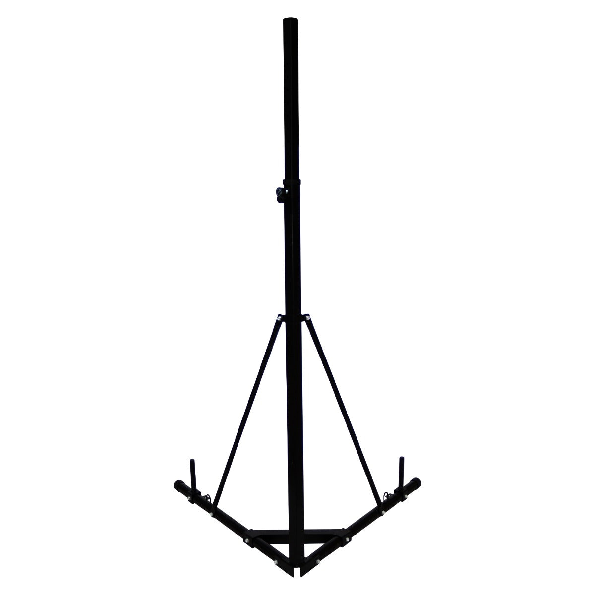 Sturdy black folding punch bag stand with adjustable height, triangular base for stability, and rubber grips for secure placement