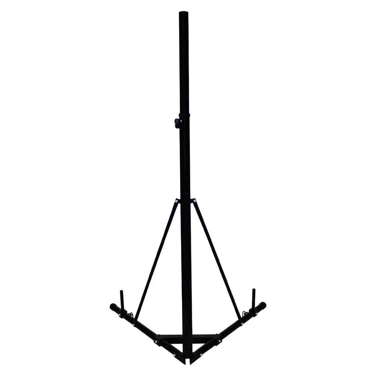 Sturdy black folding punch bag stand with adjustable height, triangular base for stability, and rubber grips for secure placement