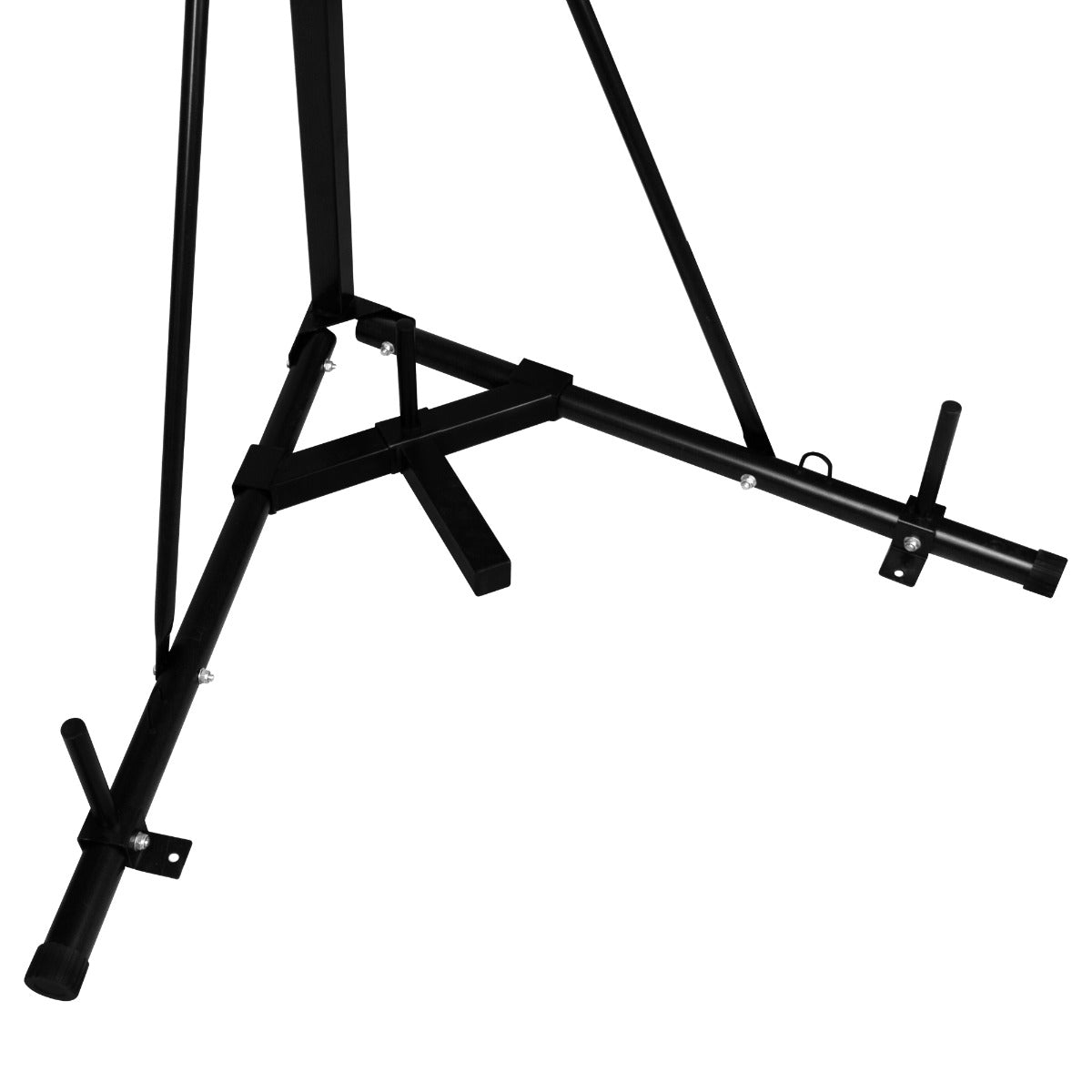 Sturdy black folding punch bag stand with a triangular base, adjustable height, and durable metal construction for stability