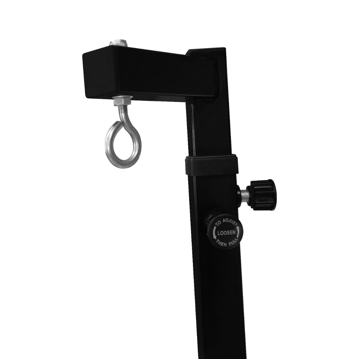 Adjustable black metal folding punch bag stand with a sturdy hook and knob for height customization, ideal for home workouts