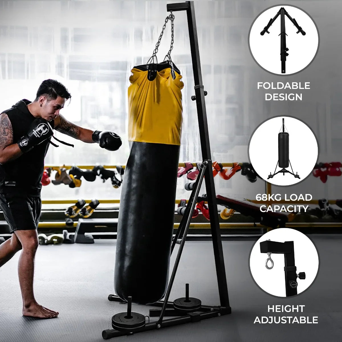 Folding punch bag stand with adjustable height, sturdy black frame, and yellow punching bag, ideal for home workouts and training