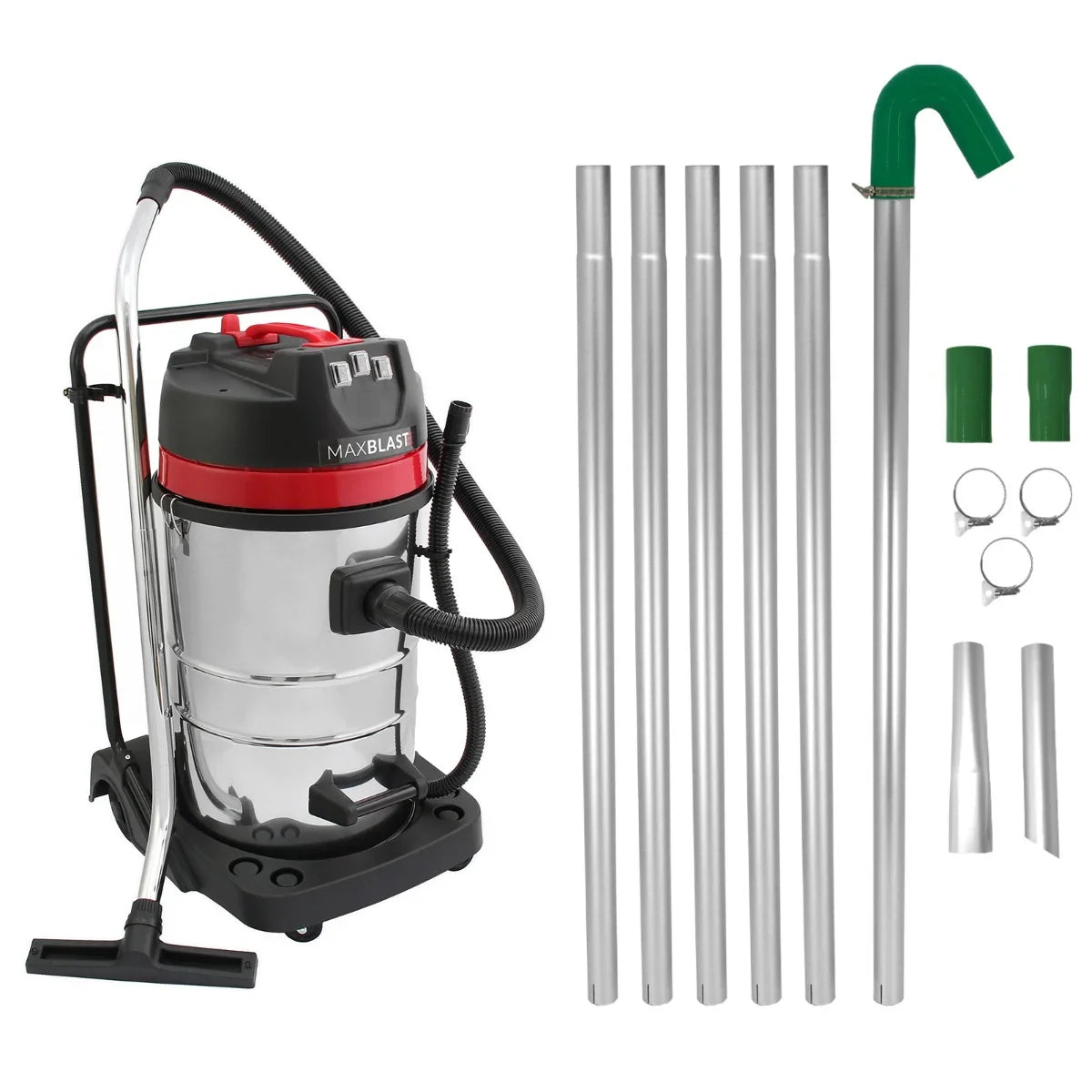 Maxblast Gutter Vacuum with shiny stainless steel body, red accents, flexible hose, and multiple aluminum poles for efficient cleaning