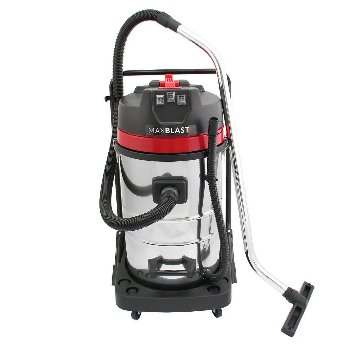 Maxblast gutter vacuum with stainless steel body, red accents, flexible hose, and sturdy wheels for easy maneuverability