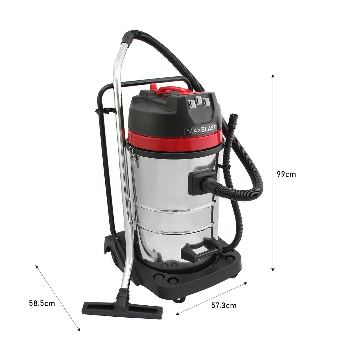 Maxblast Gutter Vacuum features a sleek stainless steel body, red accents, and a powerful wet and dry vacuum design with adjustable poles