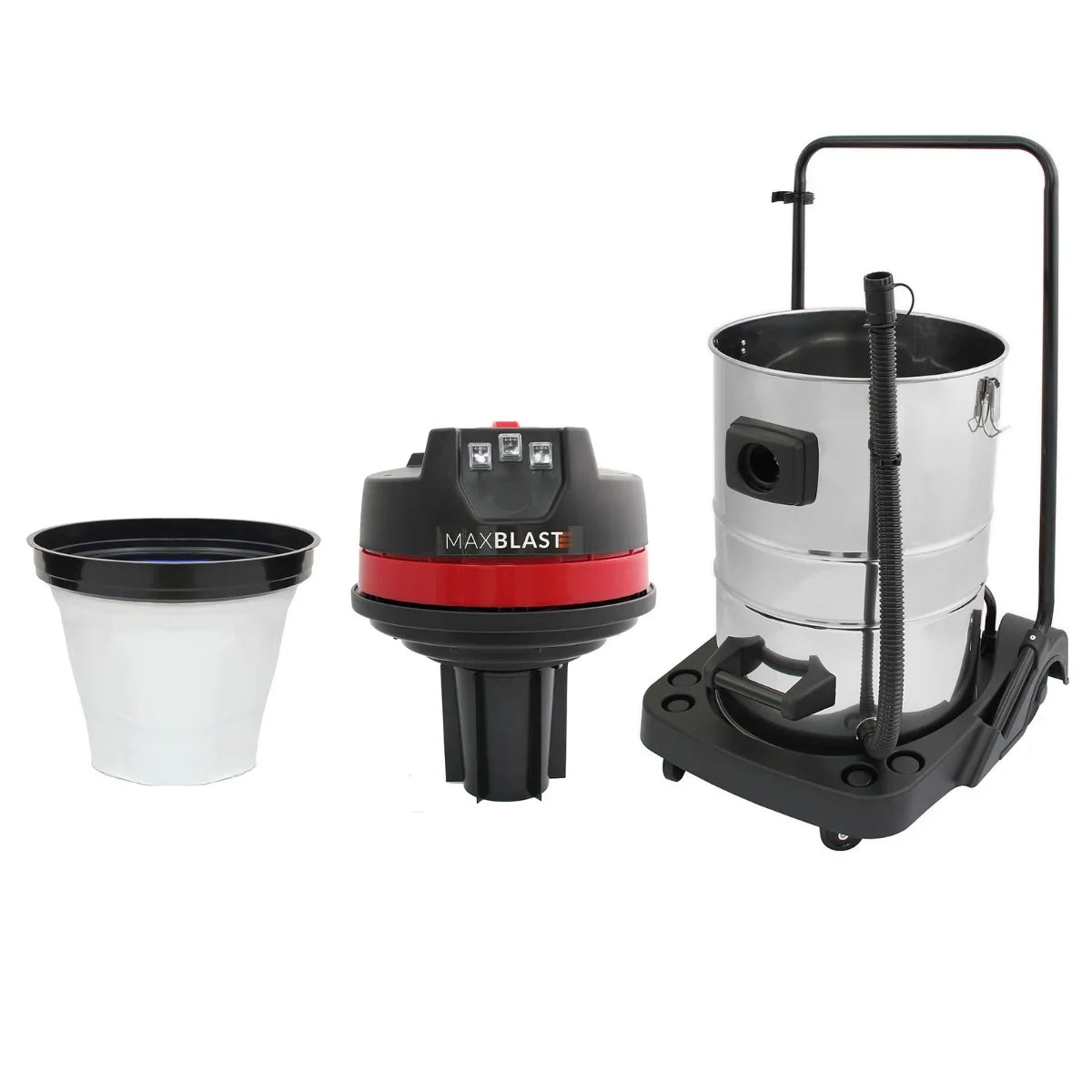 Maxblast Gutter Vacuum features a sleek black and red design, with a stainless steel canister, a detachable container, and a sturdy base for stability