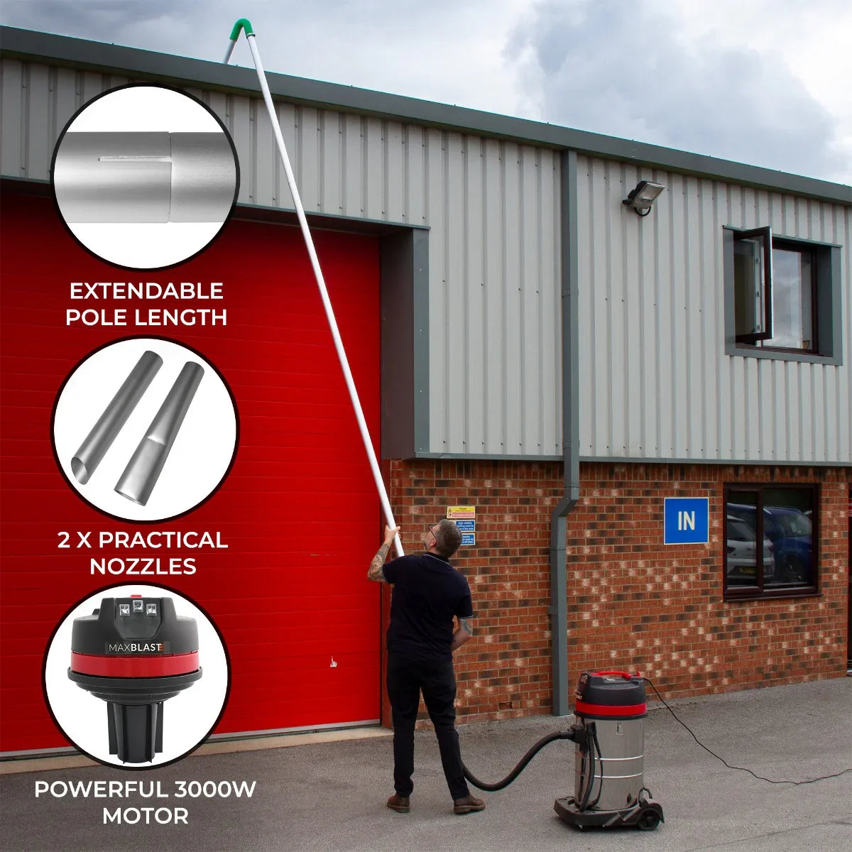 Maxblast Gutter Vacuum features extendable poles, two practical nozzles, and a powerful 3000W motor for efficient cleaning
