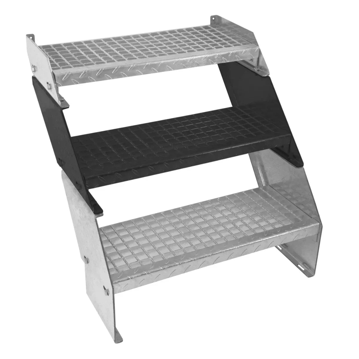 Adjustable 2 section galvanized staircase with a 600mm wide design, featuring textured black and silver steps for enhanced grip and stability