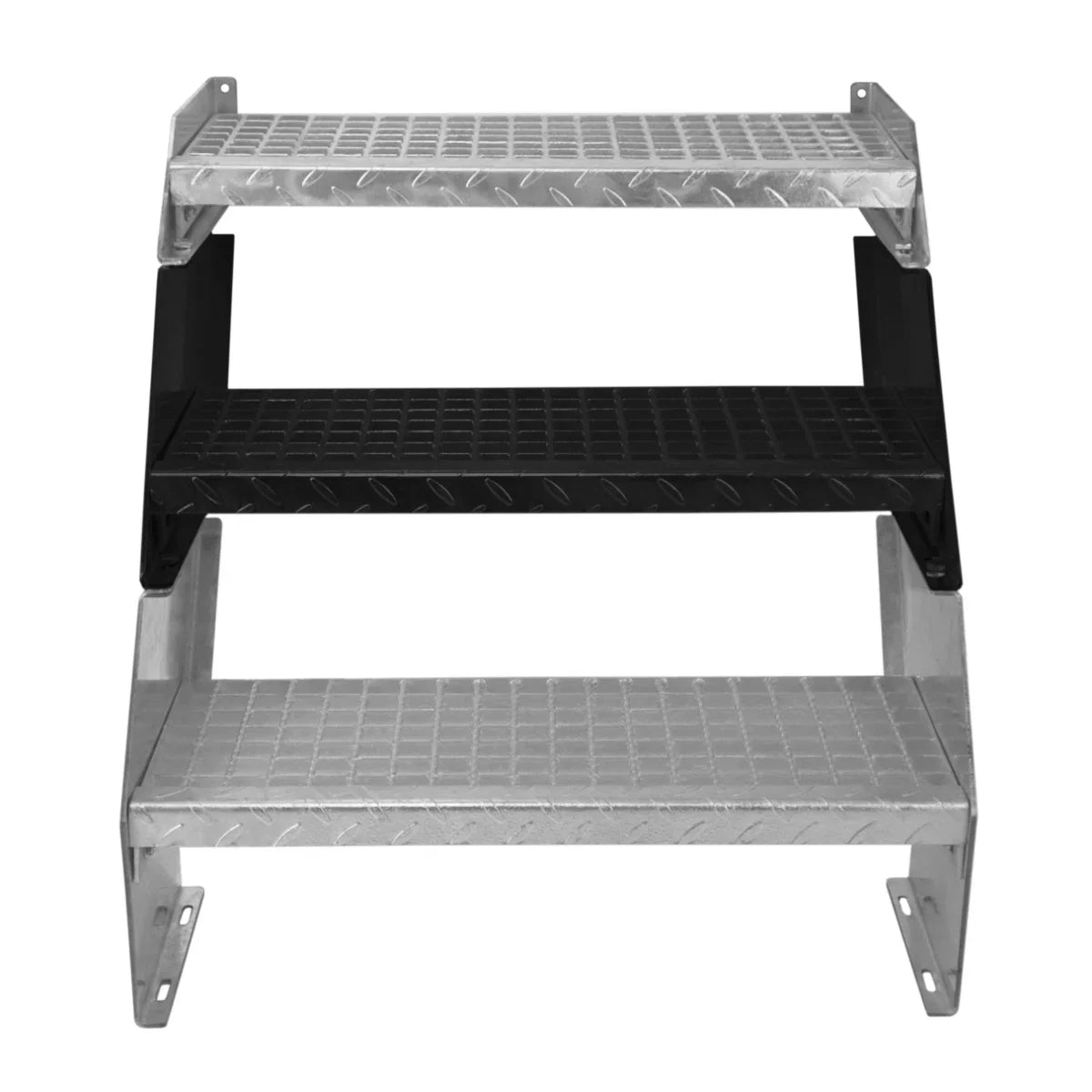 Adjustable 2 section galvanized staircase with a 600mm wide design, featuring textured black and silver steps for enhanced grip and stability