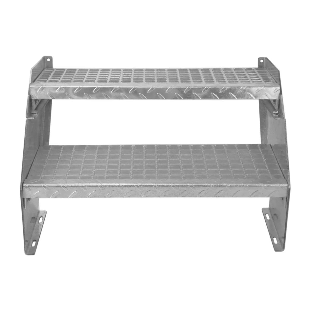 Adjustable 2 section galvanized staircase with a diamond plate texture, featuring a sturdy 600mm wide design for enhanced safety and stability