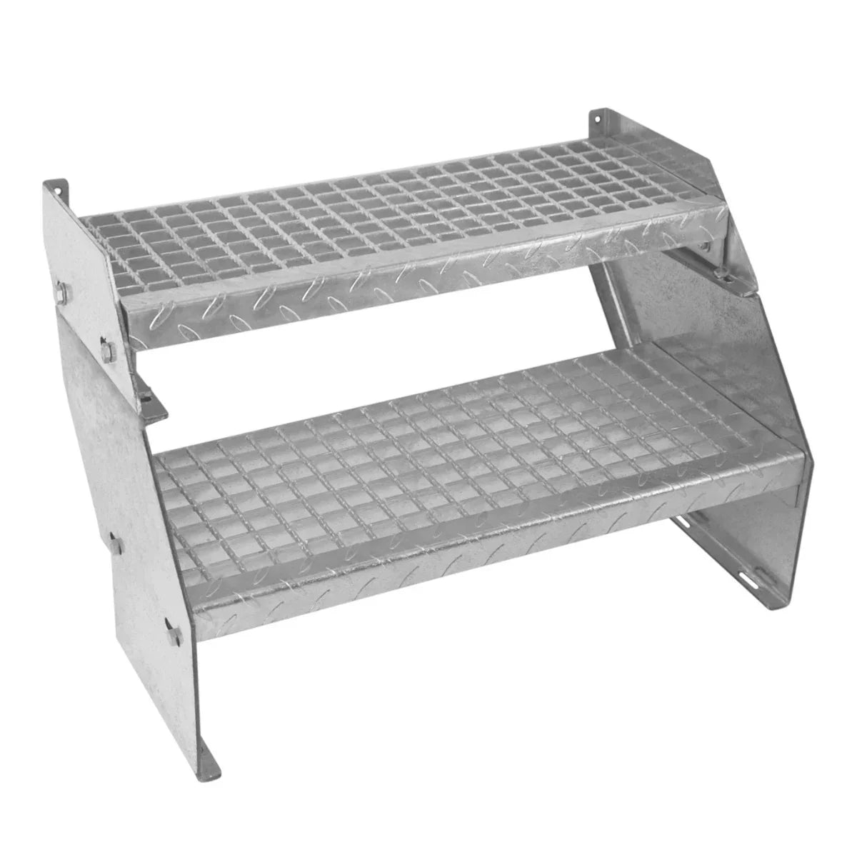 Adjustable galvanized staircase with two sections, featuring a 600mm wide design, diamond-patterned non-slip surface, and sturdy metal construction