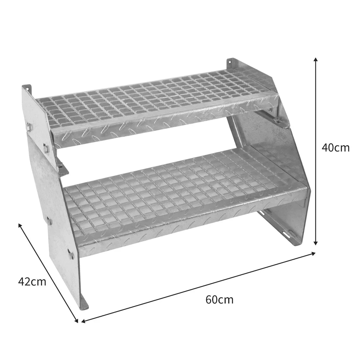 Adjustable galvanized staircase with two sections, 600mm wide, featuring a diamond-patterned surface and sturdy metal construction