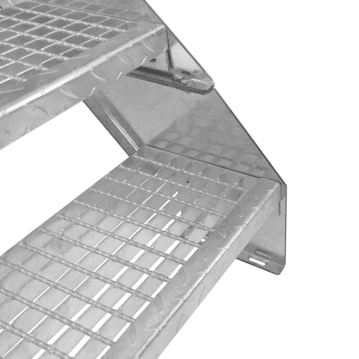 Galvanised metal staircase with two sections, featuring a diamond-patterned surface for grip and a sturdy, adjustable design