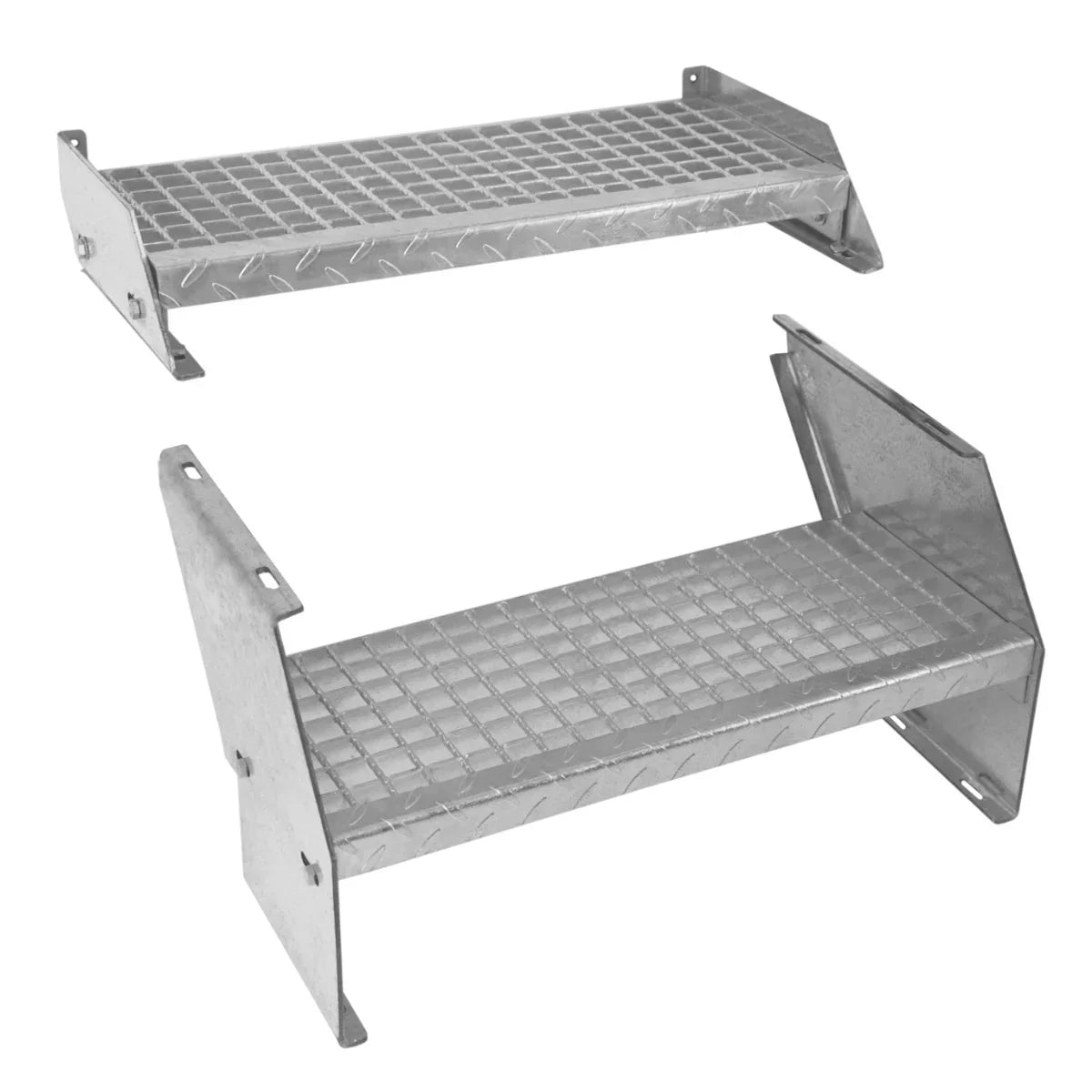 Adjustable galvanized staircase with two sections, featuring a diamond-patterned surface and sturdy metal construction, 600mm wide