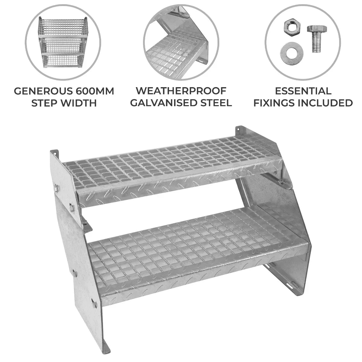 Adjustable 2 section staircase made of weatherproof galvanised steel, featuring a 600mm wide diamond-patterned step design and essential fixings included