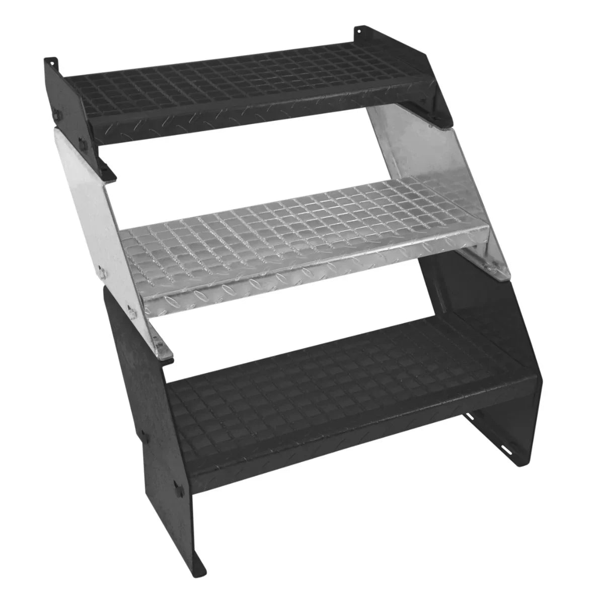 Galvanised steel steps with three textured, non-slip surfaces, featuring a sturdy black and silver design, 600mm wide for stability