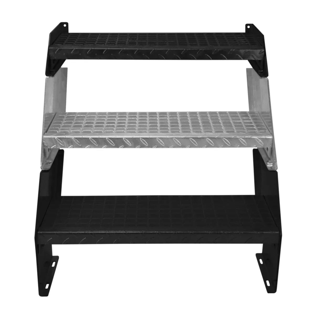 Galvanised steel steps with three textured platforms, featuring a sturdy black frame and a 600mm wide design for stability and safety