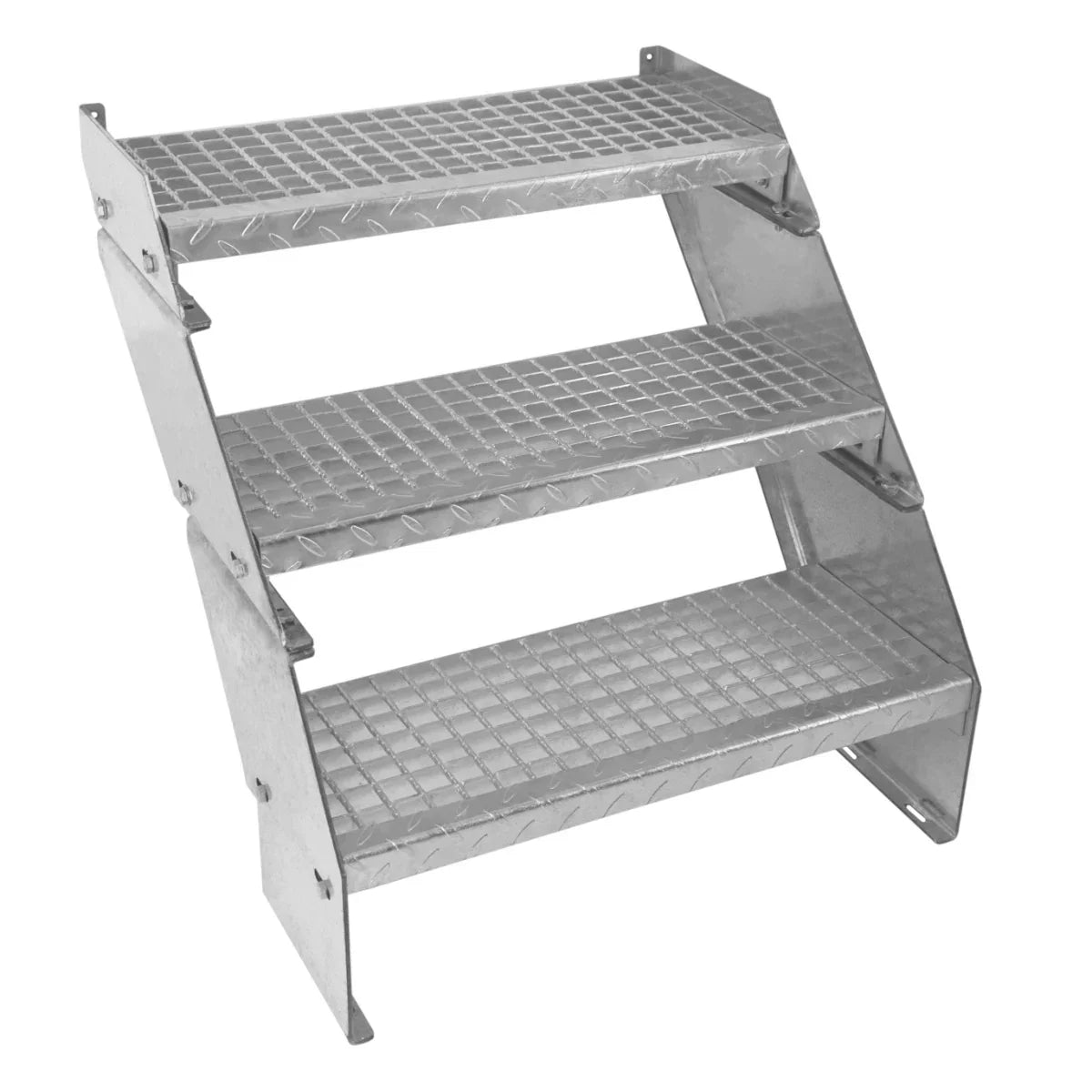 Galvanised steel steps with a 600mm width, featuring three textured, non-slip treads and a sturdy, angled frame for stability
