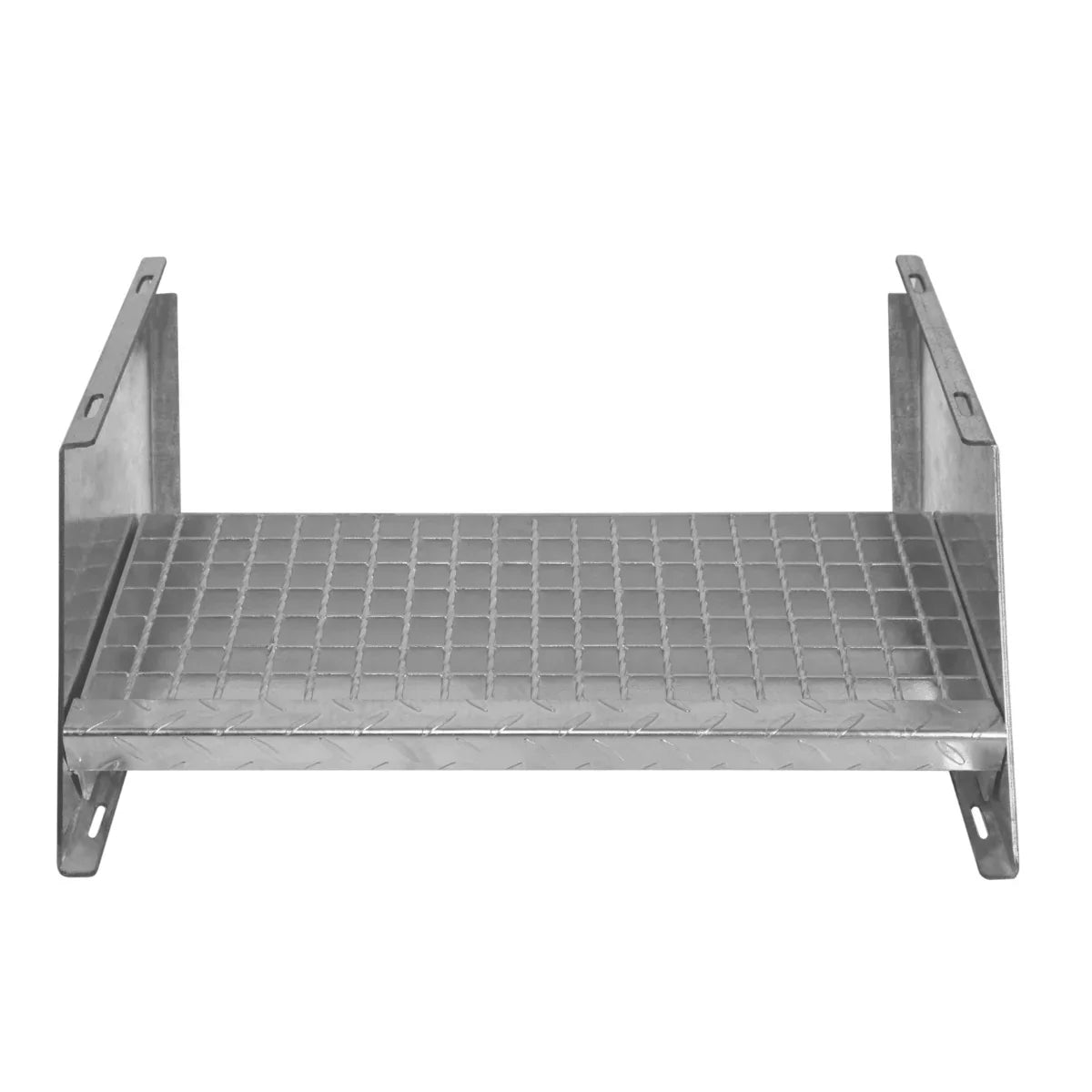 Galvanised steel steps, 600mm wide, featuring a diamond-patterned surface for enhanced grip and sturdy side supports for safety