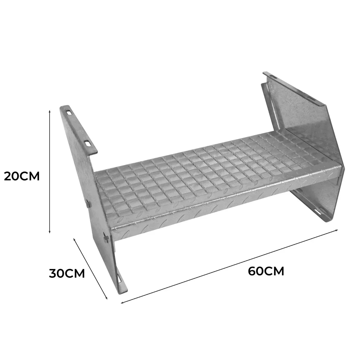 Galvanised steel step, 600mm wide with a textured surface, featuring a sturdy design and dimensions of 600mm x 300mm x 200mm