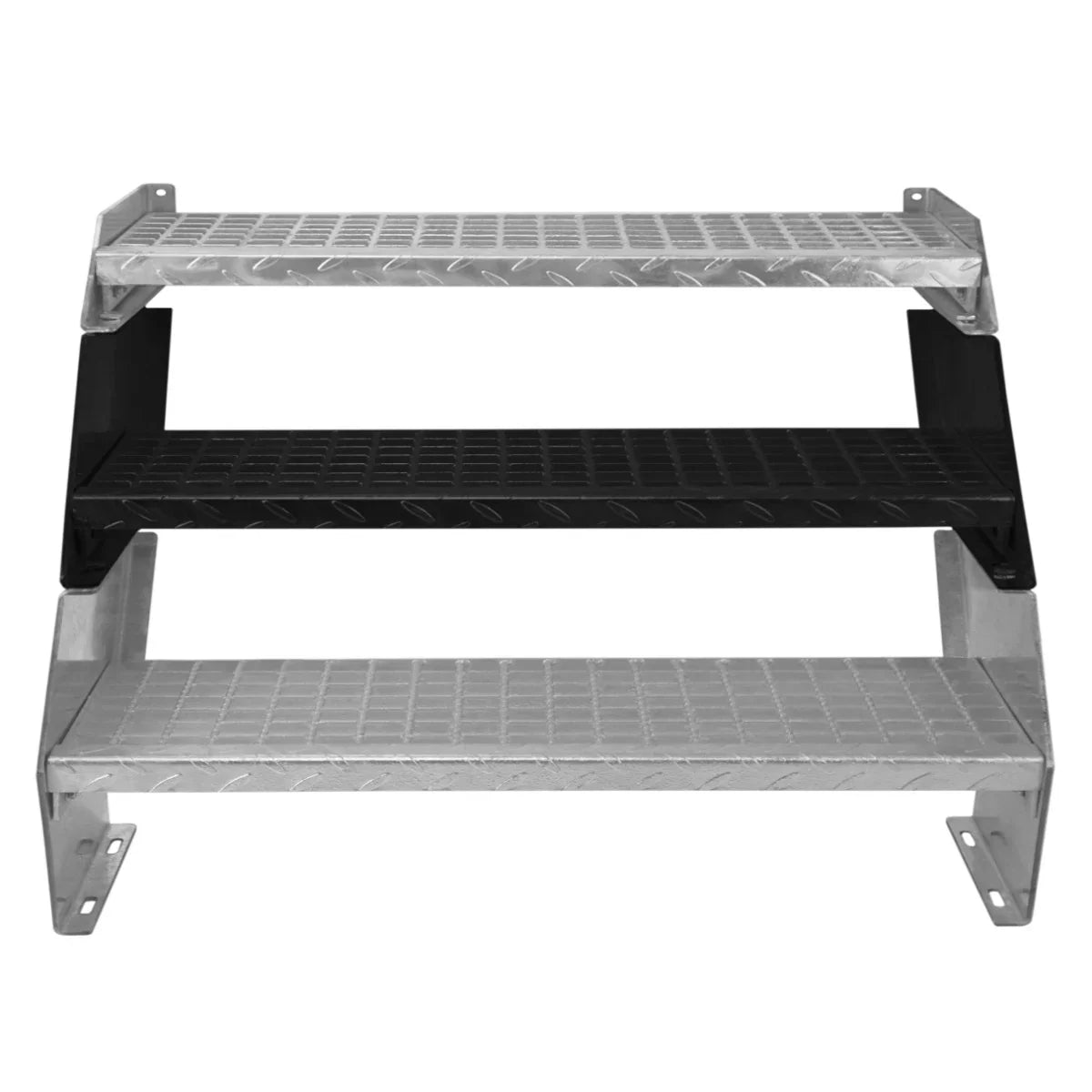 Adjustable 2 section galvanised staircase with a 900mm width, featuring a durable diamond-patterned surface and sturdy black and silver finish